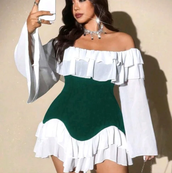 Shein Viva Relle 2XL Women's Elegant Romantic Sexy Green & White Ruffle Dress - Picture 7 of 7